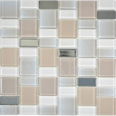 Mosaico de vidrio mosaico azulejos backsplash crema beige perla combinación iridiscente MOS68-0136P