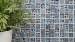 Muestra de mano mosaico azulejo Azulejo backsplash Translúcido azul negro Mosaico de vidrio Cristal Resina Óptica azul negro plata MOS83-CB07_m