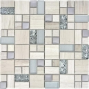 Mosaico de azulejos translúcidos de acero inoxidable gris blanco combinación de mosaico de vidrio cristal piedra acero blanco madera MOS88-0202_f