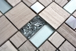 Muestra de mano mosaico azulejo translúcido acero inoxidable gris blanco combinación vidrio mosaico cristal piedra acero blanco madera MOS88-0202_m