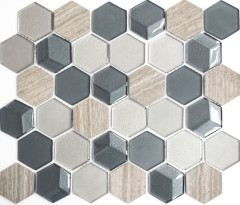 Piedra natural mosaico de vidrio azulejos de mosaico hexagonal antracita gris claro gris rayas azulejo backsplash revestimiento de paredes cuarto de baño - MOS11D-22