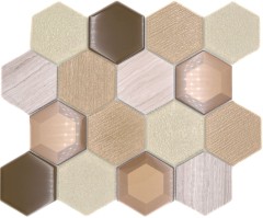 Mosaico de vidrio hexagonal azulejos de piedra natural beige crema bronce mármol backsplash pared baño WC - MOS11E-77