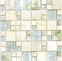 Mosaico de azulejos de oro translúcido de color verde claro combinación de mosaico de vidrio de cristal de piedra de ónix de oro MOS88-MC639_f