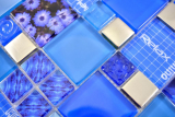Muestra de mano transparente cristal mosaico vidrio mosaico plata azul pared azulejo backsplash cocina ducha baño MOS88-0417_m