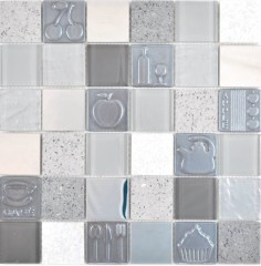 Mosaico de vidrio mosaico azulejos piedra artificial acero relieve gris grafito crema pared azulejo backsplash cocina baño MOS88-0217