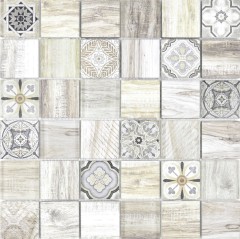 Mosaico azulejo patchwork crema marrón mosaico azulejo de pared espejo aspecto madera baño MOS160-w100