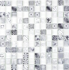Azulejos de mosaico de mosaico de vidrio Arts and Crafts blanco negro patrón pared azulejo backsplash cocina ducha baño MOS74-0203