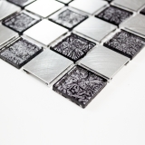 Muestra de mano mosaico azulejo aluminio translúcido cristal mosaico cristal aluminio damero negro plata MOS49-0302_m