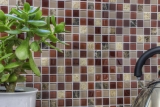 Muestra de mano mosaico azulejo azulejo backsplash autoadhesivo translúcido piedra beige marrón vidrio mosaico cristal piedra beige marrón emperador MOS200-4M352_m