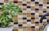 Muestras de mano mosaico azulejo espejo autoadhesivo translúcido piedra beige marrón rectángulo vidrio mosaico cristal piedra beige marrón MOS200-4MS75_m